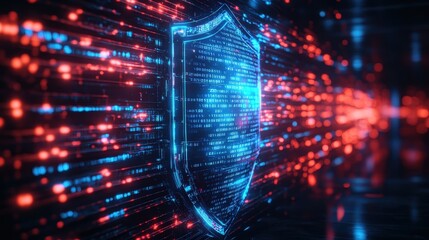 Fototapeta premium A glowing blue digital shield hovers in cyberspace, surrounded by streaks of red light and data streams, symbolizing powerful cybersecurity, protection, and data defense in a high-tech world