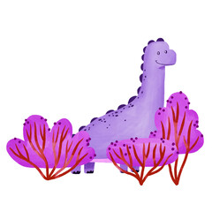 Purple dinosaur  with pink bushes hand drawn watercolor illustration on isolated background. Greeting card