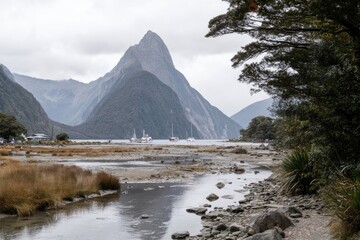 Misty mountain peak overlooking a tranquil bay
