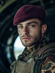 Fototapeta premium A proud airborne soldier in camouflage with a maroon beret stands inside a military aircraft, expressing duty, strength, readiness, and the discipline of elite forces