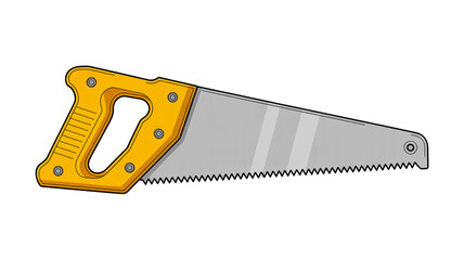 A digital illustration of a hand saw with a bright yellow plastic handle and a gray metal blade. The blade has a standard crosscut saw tooth pattern with sharp, alternating points.