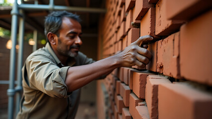 Man carefully places brick in wall construction for architectural design
