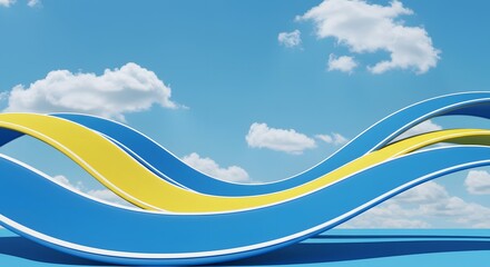 3D abstract wave structure with blue and yellow curves, minimal design for modern background