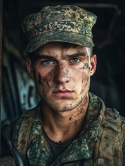 A Russian railway soldier in detailed camouflage stands in a military vehicle, outfitted with gear and showing resolve, amid rugged, industrial surroundings