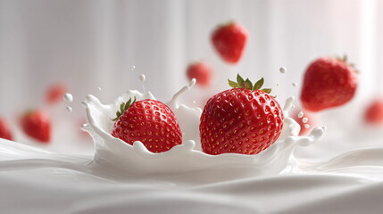 Fresh Strawberries Falling into Thick Glossy Yogurt Splash