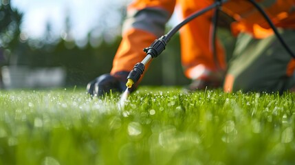 Naklejka premium Worker applying pest control solution on a vibrant green lawn for efficient pest management