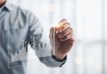 Hand pointing to a glowing upward trend line on a data chart