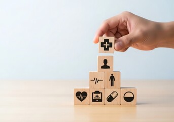 Hand stacking wooden blocks with health icons in pyramid