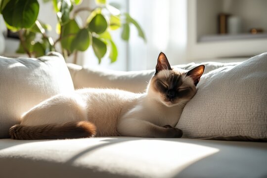 A Siamese cat gracefully lounges on a bright cream sofa, basking in gentle sunlight streaming through large windows. The relaxed pose and soft cushions evoke calm and comfort - Powered by Adobe