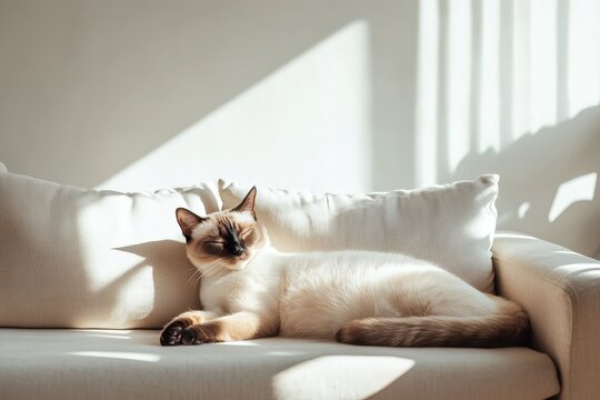 A Siamese cat gracefully lounges on a bright cream sofa, basking in gentle sunlight streaming through large windows. The relaxed pose and soft cushions evoke calm and comfort