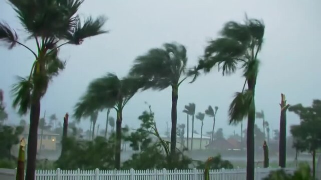 Strong winds and rain on palm trees