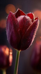Close-up of Deep Red Tulip with Water Droplets and Warm Bokeh Background