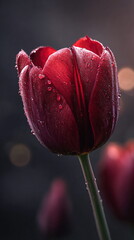 Close-up of Deep Red Tulip with Water Droplets and Warm Bokeh Background
