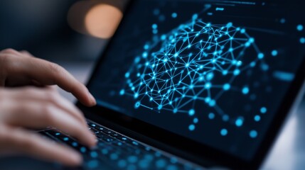 Person coding virtual network on laptop closeup image with digital overlay. E business development photography conceptual composite. Virtual technology concept photo realistic
