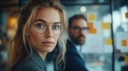 Businesswoman with partner working on startup banner image. Female entrepreneur brainstorming with colleague photo-realistic background blurred. Startup concept photography copy space