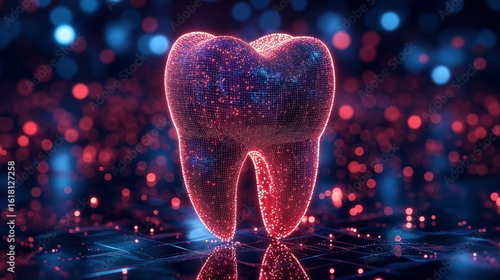 Poster glowing red digital tooth with mesh network image with digital overlay. dental virtual diagnostics p
