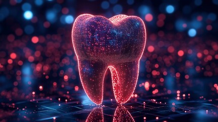 Glowing red digital tooth with mesh network image with digital overlay. Dental virtual diagnostics photography conceptual composite. Dentistry innovation concept photo realistic