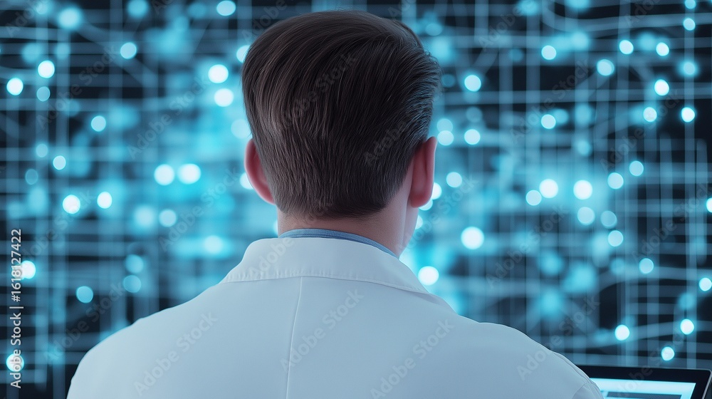 Poster back view of male scientist studying digital interface network image. researcher bioinformatics scre