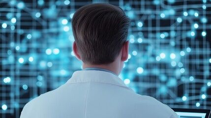 Back view of male scientist studying digital interface network image. Researcher bioinformatics screen photography scene photorealistic. Data science in biotechnology concept photo