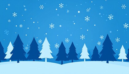 Fototapeta premium Winter wonderland vector illustration with trees and snowflakes on blue background