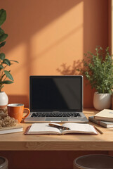 laptop and a coffee cup on a wooden table