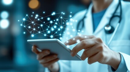 Doctor hands using tablet with data network image with digital overlay. Advanced connectivity in digital healthcare photography conceptual composite. Telemedicine telehealth concept