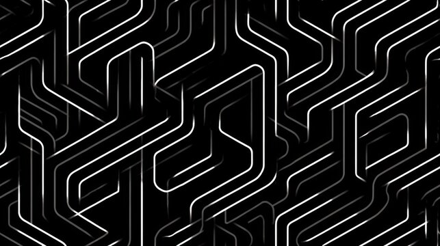 Abstract White lines create a winding, maze-like pattern on a solid black background