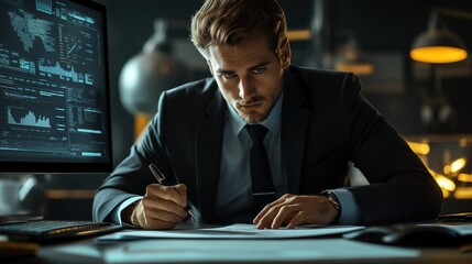 Young european businessman working with documents at computer portrait image. Entrepreneur analyzes data photography human scene. Business planning concept photo-realistic