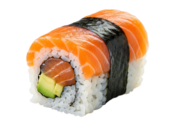 Close-up of a salmon sushi roll.