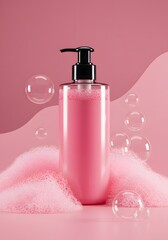 Minimalist pink soap dispenser with foam and bubbles, 3D render for cosmetic branding