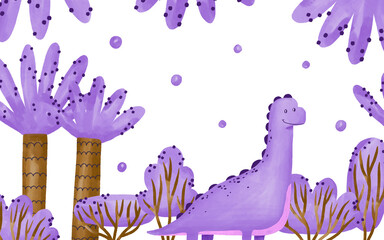 Purple blue dinosaur  with palm trees and bushes hand drawn watercolor illustration on isolated background. Nature landscape baby horizontal Greeting card
