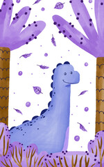 Purple blue dinosaur  with palm trees and bushes hand drawn watercolor illustration on isolated background. Nature landscape baby Vertical Greeting card