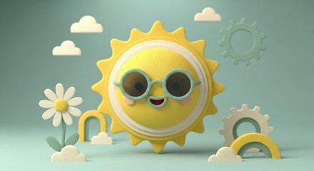 Happy cartoon sun wearing sunglasses with a smiling face and flower on a pastel background with clouds and rainbows