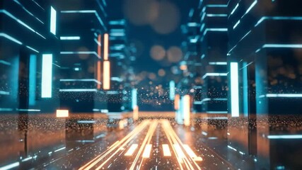 A futuristic cityscape at night featuring glowing neon lights digital elements and a vibrant atmosphere with a sense of motion and technology in the background - Powered by Adobe