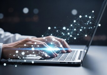 Hands typing on a laptop with a glowing network graphic overlay