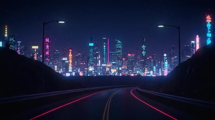 A Stunning View of a Neon-Lit Cityscape at Night: Captivating Urban Vibes with Glowing Lights and a Serene Open Road Leading Into the Dazzling Skyline - Powered by Adobe