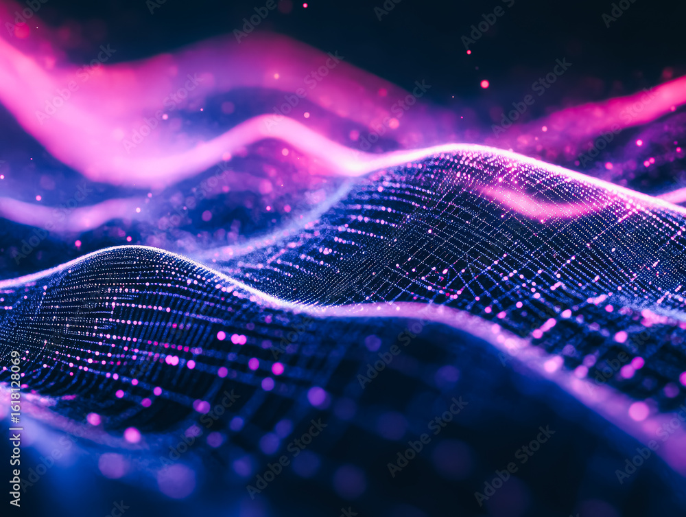 Poster abstract digital waves flow gracefully, illuminated by glowing particles in vibrant colors, creating