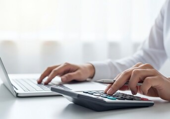 Hands using a calculator and laptop at a desk