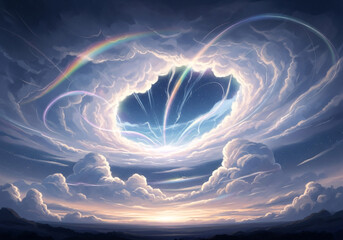 Experience the breathtaking spectacle of a vibrant rainbow arching through dramatic, swirling clouds with celestial light beams illuminating a starry sky above a serene landscape.