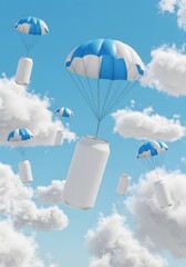 3D rendering of flying drink cans with parachutes, surreal sky scene for advertising