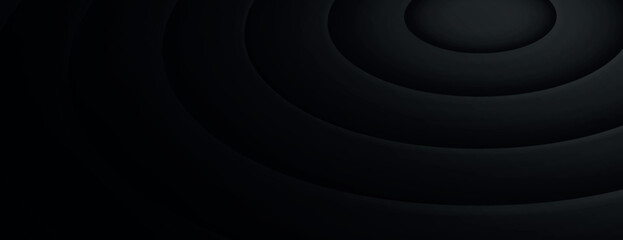 A black background with a black, concentric circle pattern. The background is smooth and dark, creating a sleek, modern look. Circular pattern background. Black background vector.