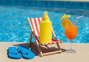 Bright summer poolside sunscreen spray bottle on striped beach chair with tropical cocktail and flip-flop, vibrant leisure scene for sun care promotion