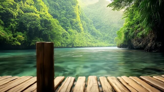 Lush green mountains flank clear waters seen from a wooden dock, sun highlighting valley