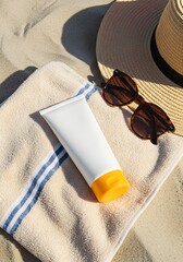 Minimalist sunscreen cream tube with straw hat and sunglasses on sandy beach, summer sun protection promotion