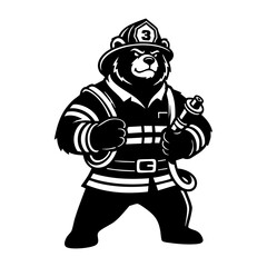 Fototapeta premium Firefighter Bear with Helmet and Hose vector- Black White Rescue Vector Logo