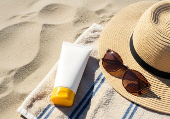 Minimalist skincare cream tube with straw hat and sunglasses, summer beach vibe for sun care promotion
