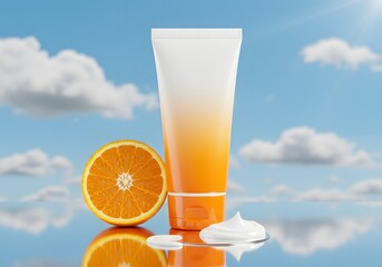 Minimalist skincare cream tube with orange slice and cream dollop, fresh vibrant beauty product for skincare promotion