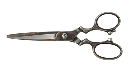 A high-resolution photograph of vintage metal scissors against a pure white background. The scissors are weathered and tarnished, with dark brown and black patina on the metal surface.