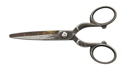A high-resolution photograph of vintage metal scissors against a pure white background. The scissors are weathered and tarnished, with dark brown and black patina on the metal surface.