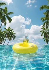 Minimalist skincare serum bottle with yellow inflatable ring, tropical poolside setting for beauty and wellness promotion